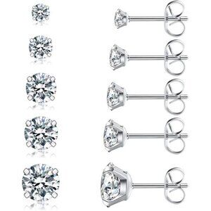 5 Pairs Stud Earrings Set 316L Earrings Stainless Steel CZ Earrings 3-8mm